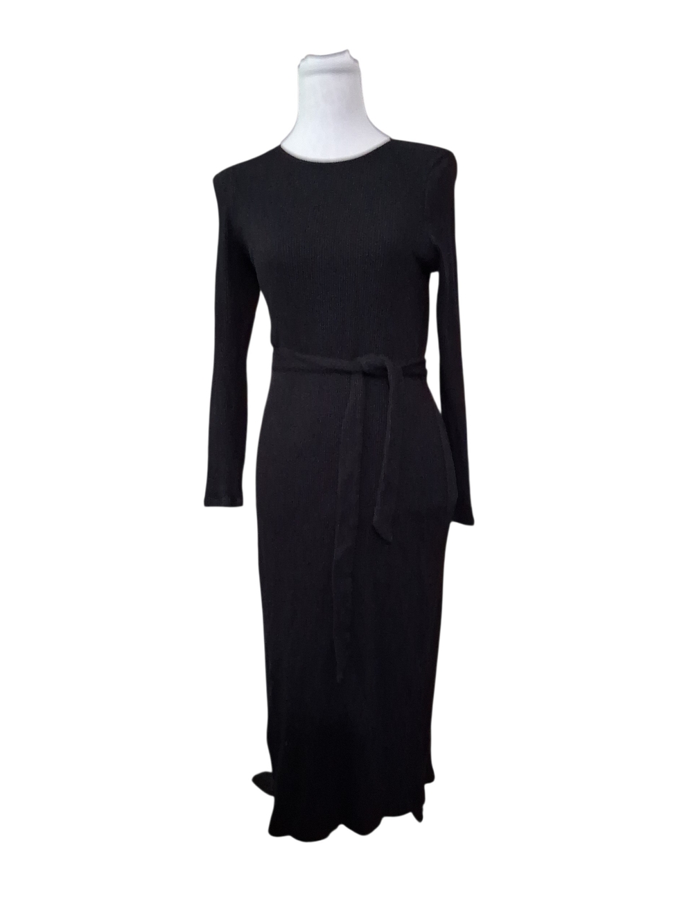 Who What Wear Black Long-Sleeve Knit Midi Dress with Waist Tie Med